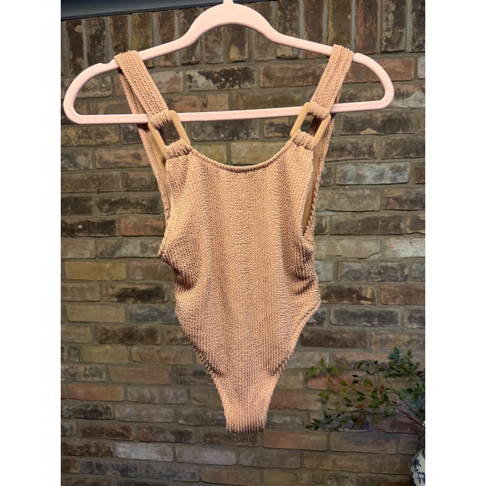 NWT Aerie Real Good Crinkle One Piece Swimsuit Tan Peach Ring Detail XXS